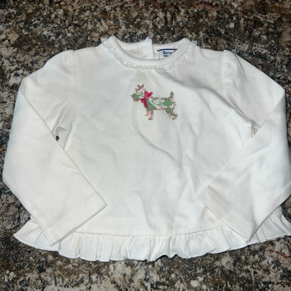 Hartstrings Baby Girls Cute Embroidered Scottish Dog Pleated Shoulder Top 12M